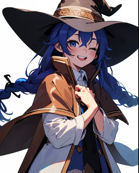 roxy migurdia, masterpiece, best quality, very detailed background, hands on own cheeks, open mouth, eyes closed, clenched teeth, smile, arms behind back, bangs, black headwear, blue eyes, blue hair, braid, brown cape, cape, floating hair, hair between eye...