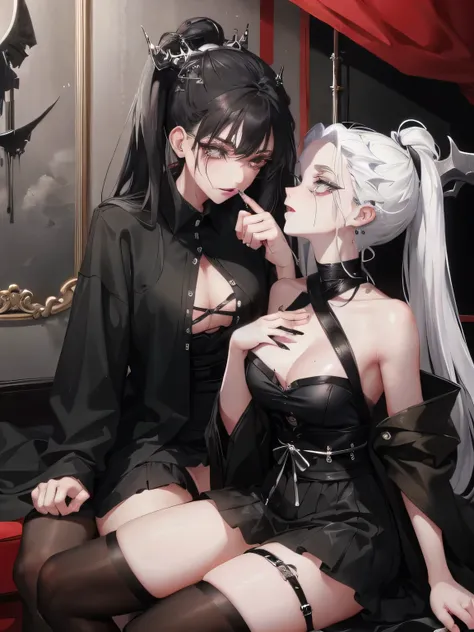 Two women kisasterpiece, best quality, high quality, ultra detailed, 1girl, looking at viewer, white hair, gray eyes, black lipstick, black shirt, sitting on a white floor, demon girl, gothcore, 1 7 - year - old, goth girl, japanese gothic, gothic punk sty...