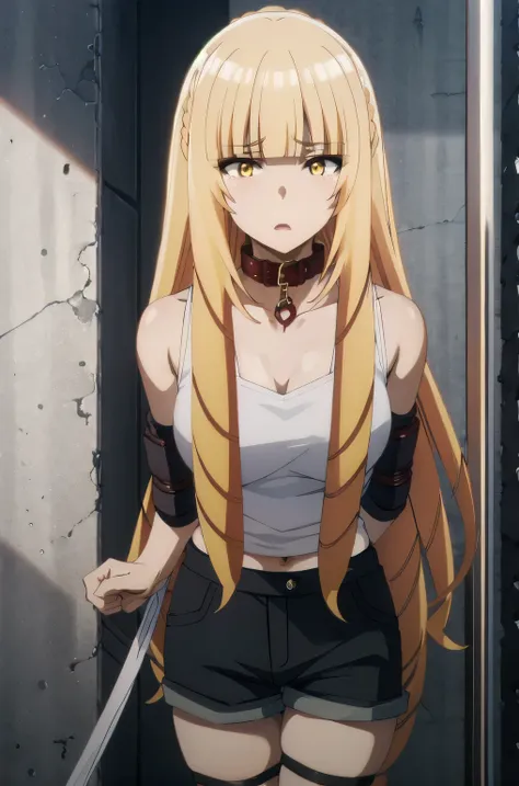 ((collar,leash,tied up,bondage,scared expression)),1girl, solo,yellow eyes, blonde hair,,shorts,top-tank