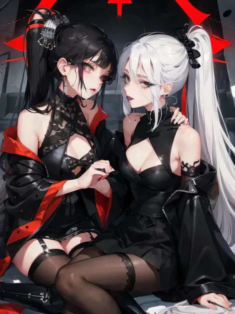 Two women kisasterpiece, best quality, high quality, ultra detailed, 1girl, looking at viewer, white hair, gray eyes, black lipstick, black shirt, sitting on a white floor, demon girl, gothcore, 1 7 - year - old, goth girl, japanese gothic, gothic punk sty...