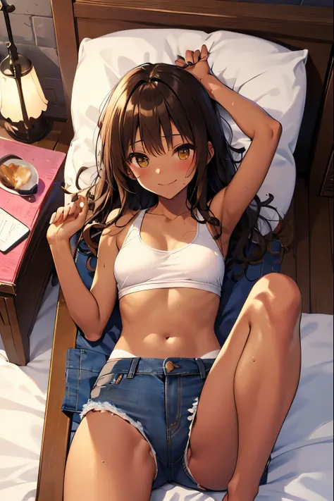 highest quality、Elementary school student bra、beige shorts、cool look、Sexy pose in room、armpit sweat、Grass、ecstasy face, (1 girl), (highly detailed face, smile) , (physically thin), (japanese girl), Slightly round face, (tanned brown face:1.6), cute, Big ey...