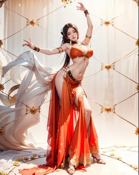 araffe belly dancer in orange dress with orange skirt and orange belt, gracefully belly dancing pose, she is dressed as a belly dancer, belly dancing, dynamic dancing pose, female dancer, she is dancing, fully body pose, full body wide shot, classic dancer...