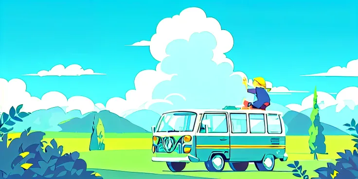 there is a man sitting on top of a van in the middle of a field, road trip, vehicle illustration, flat illustration, best on adobe stock, road trip exciting, illustration style, vw microbus driving, 🪔 🎨;🌞🌄, stylized digital illustration, flat vector art, f...