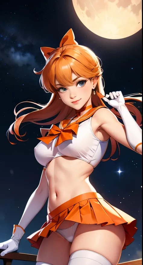 table top, highest quality, High resolution, SV1, sailor warrior uniform, orange skirt, White pants visible through the miniskirt、Bikini Panties、White shorts visible from White Hort View、elbow glove, Tierra, pleated skirt, Flipping up the miniskirt, white ...