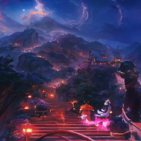 anime girl with a hat and a long dress standing on a stairway, 2. 5 d cgi anime fantasy artwork, anime fantasy artwork, anime fantasy illustration, anime epic artwork, anime scenery concept art, concept art magical highlight, onmyoji detailed art, colorful...