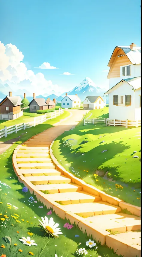 At the end of a road, there are houses, mountains, rocks, flowers, wind, sun, white clouds, super detail, Pixar animation style, Blender rendering, depth of field, ultra wide angle lenses, soft lighting, ultra-high quality, saturated contrast - ar 2:3