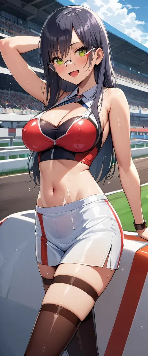 1 female,black hair,18-year-old,(((Shiny race queen uniform)))(((blush、open mouth smile)),(((straight hair))),,,(wet with sweat)(leather thigh high boots)(((beautiful breasts)))((Tight Skirt))((crop top))glasses,race track,(((white fluid in vagina))),((tur...