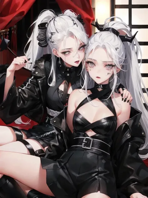 Two women kisasterpiece, best quality, high quality, ultra detailed, 1girl, looking at viewer, white hair, gray eyes, black lipstick, black shirt, sitting on a white floor, demon girl, gothcore, 1 7 - year - old, goth girl, japanese gothic, gothic punk sty...