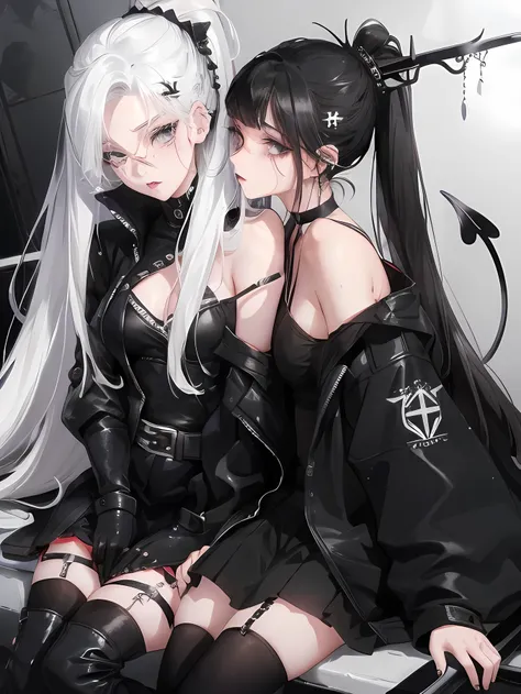 Two women kisasterpiece, best quality, high quality, ultra detailed, 1girl, looking at viewer, white hair, gray eyes, black lipstick, black shirt, sitting on a white floor, demon girl, gothcore, 1 7 - year - old, goth girl, japanese gothic, gothic punk sty...