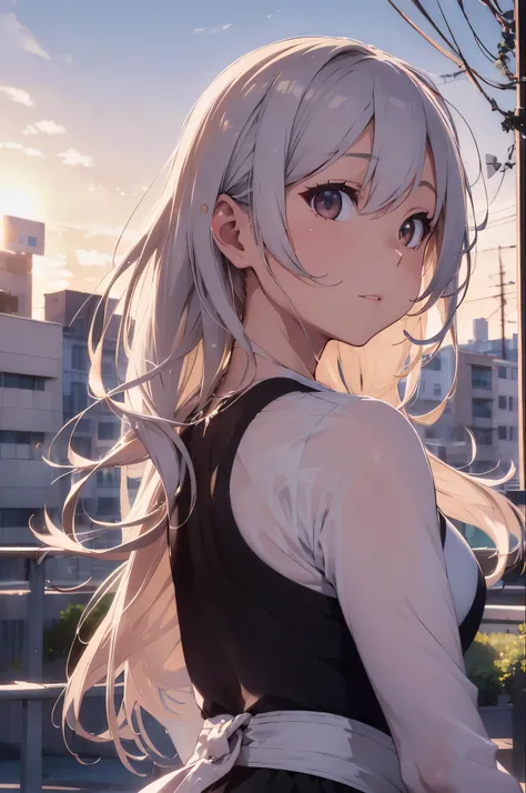 On the rooftop during golden hour、Background night city skyline, Beautiful Japanese woman photographed in sexy swimsuit, towards the camera. She wears a white swimsuit, Minimalist white swimsuit, Her long silver hair is gently swaying in the breeze. A gold...