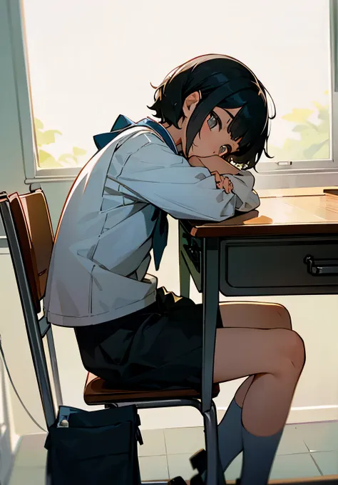 black hair short、female college student、neat and clean fashion、sit in a chair、leaning your elbows on the desk、pensive