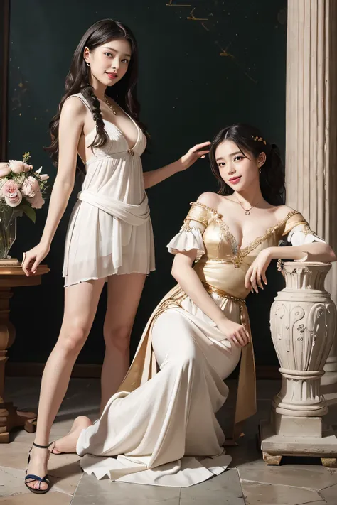 full body portrait or statue、Giorgione painting style,Arguments of two female Philosophe,math、astronomical machine、astronaut、roses in vase、fruits、Cute trinkets、smile、ancient greek costume、Ancient Roman landscape in the style of Nicolas Poussin,laughter,,Sw...