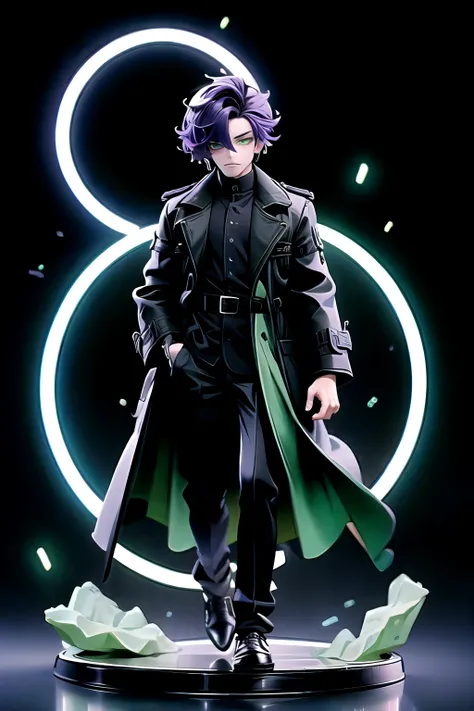 Solo, Male, masterpiece, highres, short hair, purple hair, green eyes, black and white shirt, black coat