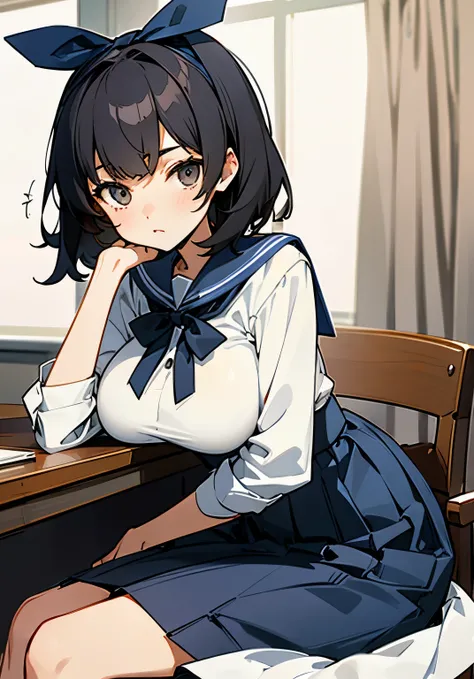 black hair short、Female college student、big breasts、Neat and clean fashion、sit in a chair、Leaning your elbows on the desk、Facing forward and thinking absentmindedly