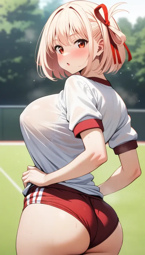 masterpiece, best quality, 1girl, nishikigi chisato, lycoris recoil, solo, fullback buruma, gym uniform, gym shirts, white t-shirts, huge breasts, big ass, looking at viewer, blush,