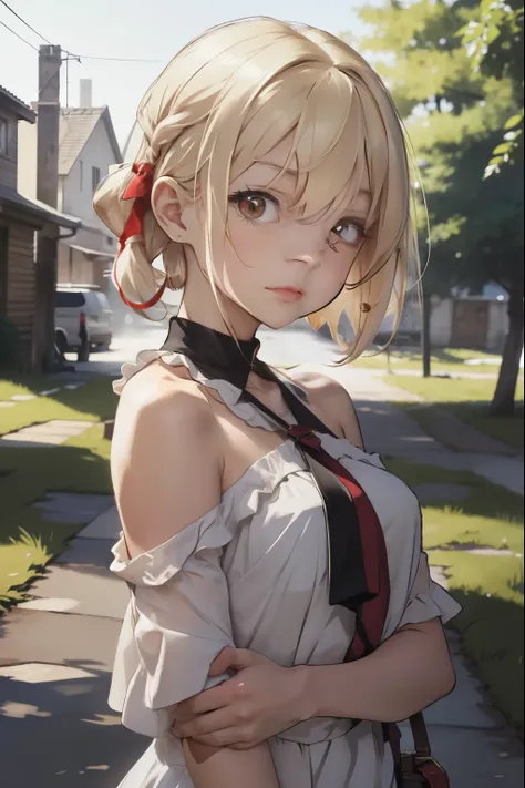 Chisatoniki, Senri, Short hair, Bangs, Blonde hair, (Red Eyes:1.5), Hair Ribbon, One side up, bob cuts,
BREAK  shirt, Bare shoulders, Twin-tailed, clavicle, Hair Ribbon, White shirt, frilld, off shoulders, Red Ribbon, short twintails, off shoulder shirt, f...