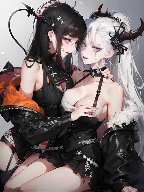 Two women kisasterpiece, best quality, high quality, ultra detailed, 1girl, looking at viewer, white hair, gray eyes, black lipstick, black shirt, sitting on a white floor, demon girl, gothcore, 1 7 - year - old, goth girl, japanese gothic, gothic punk sty...