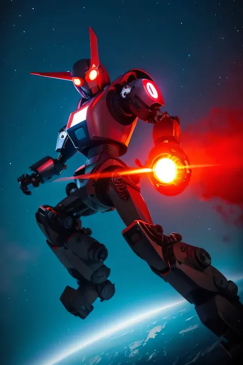  150 meter tall robot glowing red in the core and blue glowing eyes flying with jetpack in the air looking for something