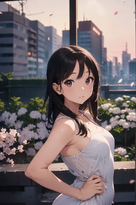 On the rooftop during golden hour、Background night city skyline, Beautiful Japanese woman photographed in sexy swimsuit, towards the camera. She wears a white swimsuit, Minimalist white swimsuit, Her long silver hair is gently swaying in the breeze. A gold...