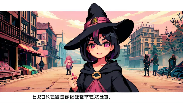 Pixel art, masterpiece, pix, 1 girl, black hair, pink pick dye, pink eyes, short and fine hair ,hood, liveliness, I pursed my lips and smiled, cute, Post-apocalyptic world background , witch costume, witch hat,