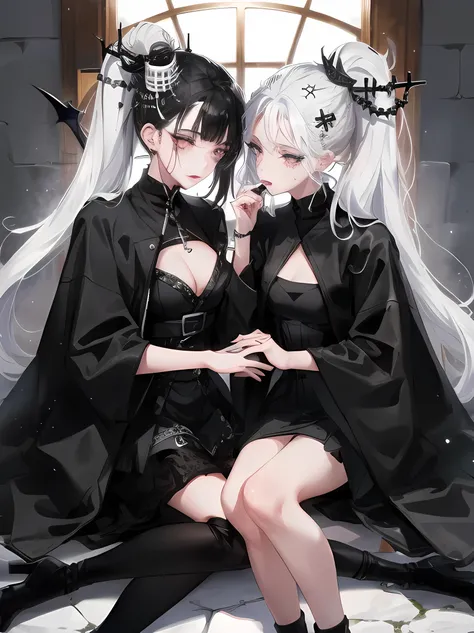 Two women kisasterpiece, best quality, high quality, ultra detailed, 1girl, looking at viewer, white hair, gray eyes, black lipstick, black shirt, sitting on a white floor, demon girl, gothcore, 1 7 - year - old, goth girl, japanese gothic, gothic punk sty...