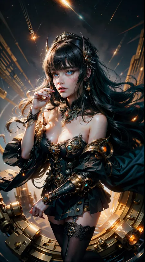 Wizard girl. Very pretty 14 years old,
(((masterpiece, best quality, raw photo, photorealistic, depth of field, ultra detailed, detailed face, very precise eyes))), Dynamic Action Pose, Invoke Magic, Mechanical Magic Weapons,  very slender long legs, lace ...