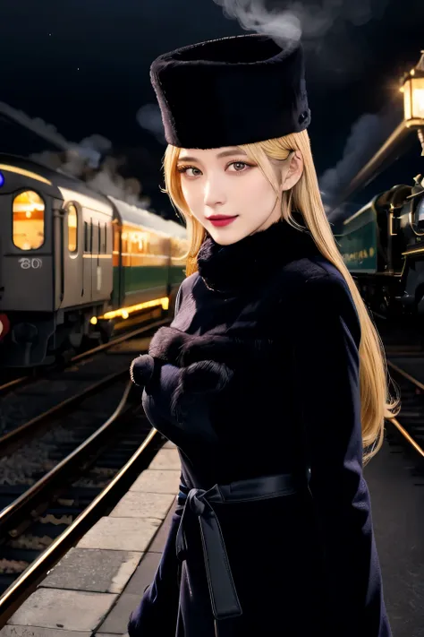 maetel, long hair, blonde hair,fur trim, black headwear, fur hat, dress,(cowboy shot:1.1), yellow eyes, (luggage:1.1), steam (tr...