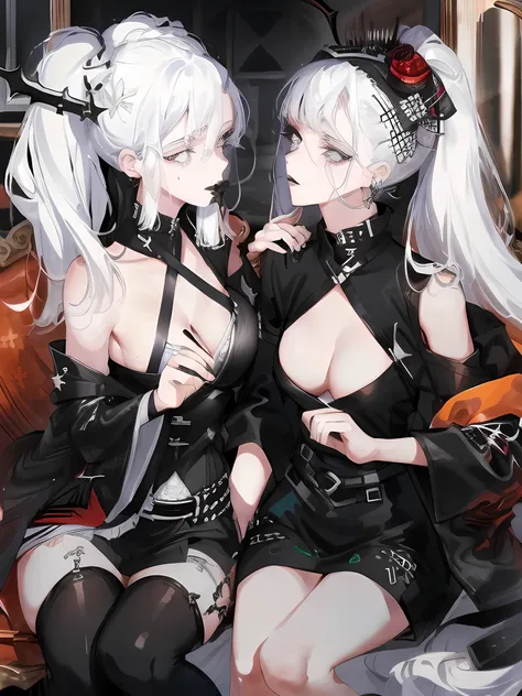 Two women kisasterpiece, best quality, high quality, ultra detailed, 1girl, looking at viewer, white hair, gray eyes, black lipstick, black shirt, sitting on a white floor, demon girl, gothcore, 1 7 - year - old, goth girl, japanese gothic, gothic punk sty...