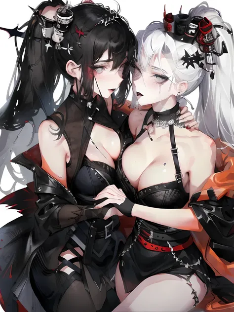 Two women kisasterpiece, best quality, high quality, ultra detailed, 1girl, looking at viewer, white hair, gray eyes, black lipstick, black shirt, sitting on a white floor, demon girl, gothcore, 1 7 - year - old, goth girl, japanese gothic, gothic punk sty...