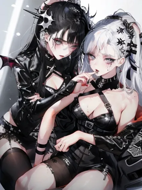 Two women kisasterpiece, best quality, high quality, ultra detailed, 1girl, looking at viewer, white hair, gray eyes, black lipstick, black shirt, sitting on a white floor, demon girl, gothcore, 1 7 - year - old, goth girl, japanese gothic, gothic punk sty...