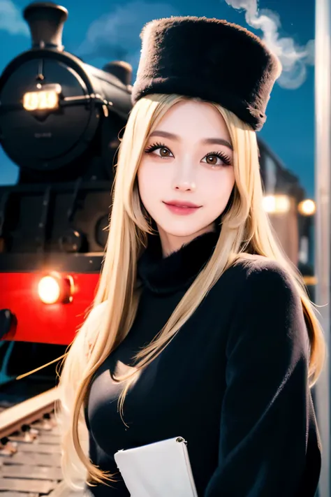 maetel, long hair, blonde hair,fur trim, black headwear, fur hat, dress,(cowboy shot:1.1), yellow eyes, (luggage:1.1), steam (train station:1.1),station platform,  night, galaxy,999
best quality, highly detailed, masterpiece, absurdres,8k,   (detailed eyes...