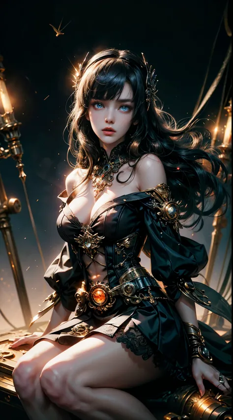 Wizard girl. Very pretty 14 years old,
(((masterpiece, best quality, raw photo, photorealistic, depth of field, ultra detailed, detailed face, very precise eyes))), Dynamic Action Pose, Invoke Magic, Mechanical Magic Weapons,  very slender long legs, lace ...