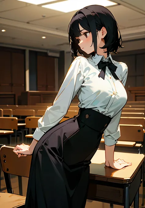 {best quality},lecture room、black hair short、woman、Large beautiful breasts、dress shirt、skirt、sit in a chair 、Leaning your elbows on the desk、Pensive、looking away from the camera、Side view、cowboy shot