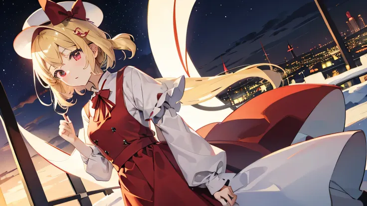 blonde、red dress、white collar、White hat with red stripes、Touhou Gensoukyou、Ellie、night、city、highway