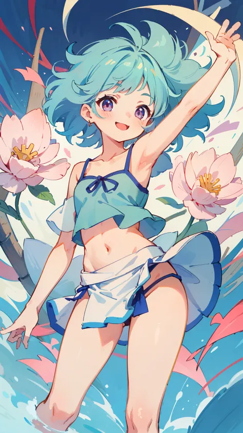 masterpiece、highest quality、1 girl、fluffy hair、light blue hair、beautiful pink eyes、short hair、camisole、loincloth、please raise yo...