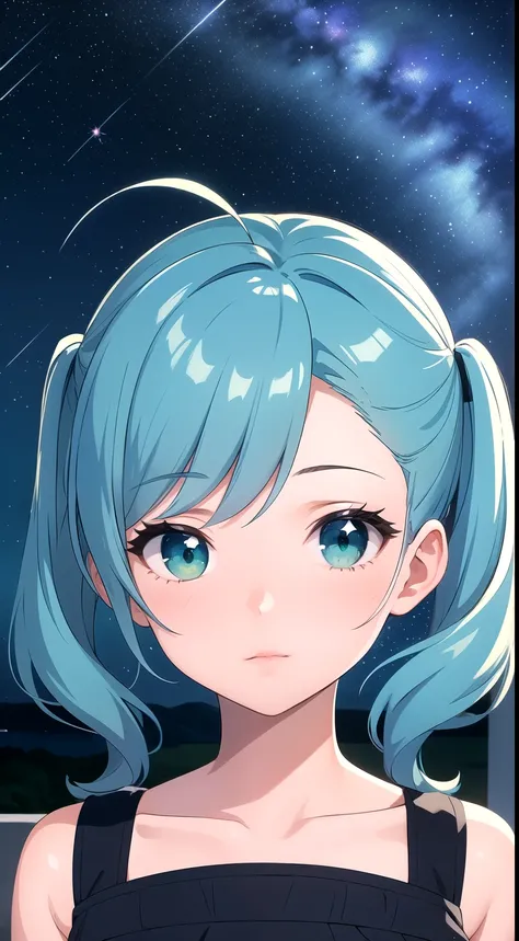 (masterpiece, best quality), 1girl, blue hair, green eyes, twintails, cosmic, starry sky, night, scenery, light particle, messy hair,