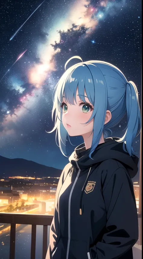 (masterpiece, best quality), 1girl, blue hair, green eyes, twintails, cosmic, starry sky, night, scenery, light particle, messy hair,