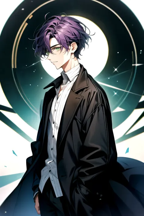 solo, male, masterpiece, highres, short hair, purple hair, green eyes, black and white shirt, black coat