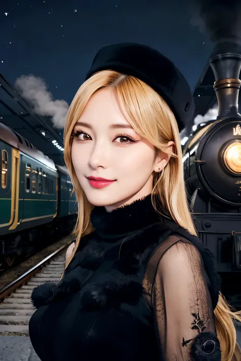 maetel, long hair, blonde hair,fur trim, black headwear, fur hat, dress,(cowboy shot:1.1), yellow eyes, (luggage:1.1), steam (train station:1.1),station platform,  night, galaxy,999
best quality, highly detailed, masterpiece, absurdres,8k,   (detailed eyes...