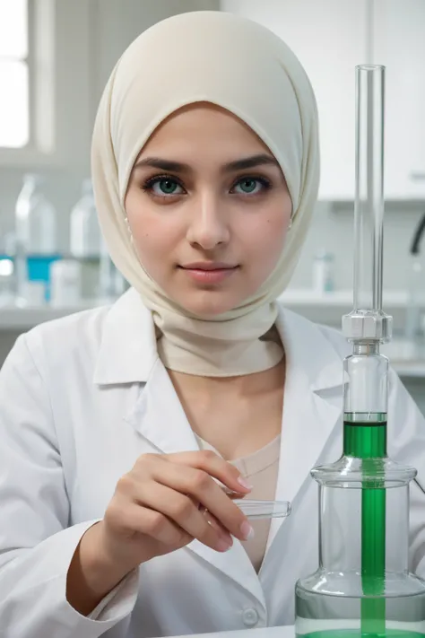 a scientist muslim girl in hijab, traditional clothing, perfect eyes, perfect hands, laboratory background, european face, white skin, green eyes, working with laboratory bulbs. ((best quality)), ((masterpiece)), (detailed), perfect face