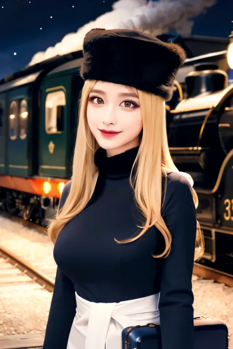 maetel, long hair, blonde hair,fur trim, black headwear, fur hat, dress,(cowboy shot:1.1), yellow eyes, (luggage:1.1), steam (train station:1.1),station platform,  night, galaxy,999
best quality, highly detailed, masterpiece, absurdres,8k,   (detailed eyes...