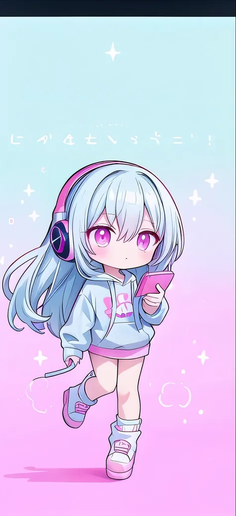 long light blue hair，pink and white sweatshirt，pink eyes，blue headphones