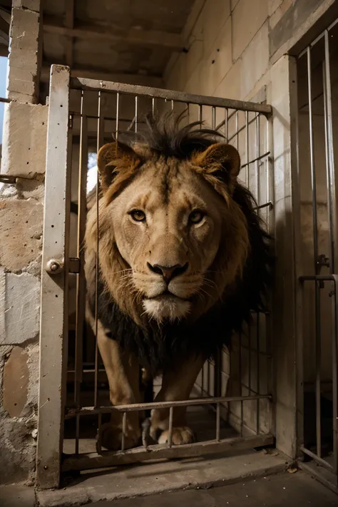 behind the bars of an ancient cage, as well as in the style of the cages of the Roman coliseum, you have to see the head of a lion. The lion has to be visually inside and behind the bars and facing the image