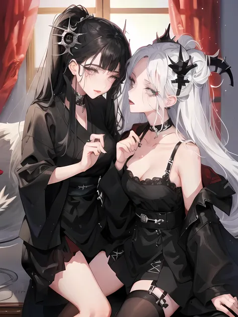 Two women kisasterpiece, best quality, high quality, ultra detailed, 1girl, looking at viewer, white hair, gray eyes, black lipstick, black shirt, sitting on a white floor, demon girl, gothcore, 1 7 - year - old, goth girl, japanese gothic, gothic punk sty...