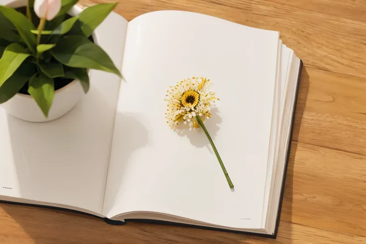 A cup of coffee on the table、A magazine、A flower，Clean and minimalist design，flat graphic style，visually clear，stacked image，vertical overhead shot