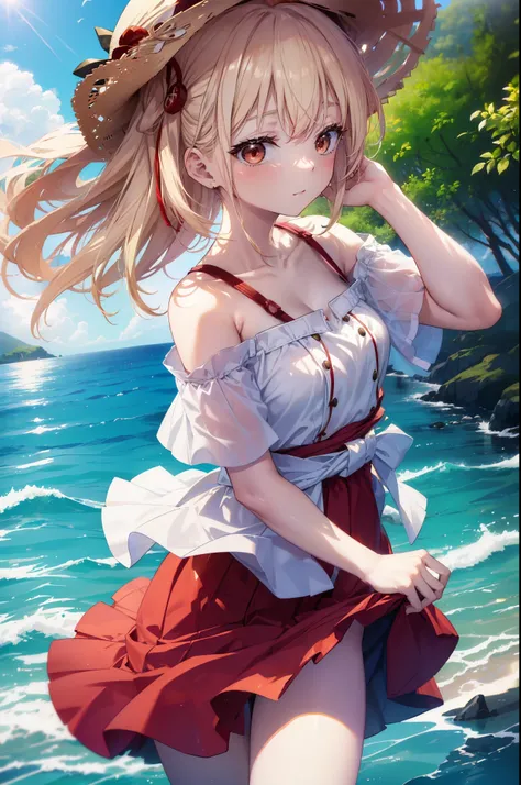 chisatonishikigi, nishikigi chisato,long hair , bangs, blonde hair, (red eyes:1.5), happy smile, smile, open your mouth,big straw hat,off shoulder dress,long skirt,naked neck,bare shoulders,bare clavicle,Grab the skirt with both hands and lift it up,barefo...