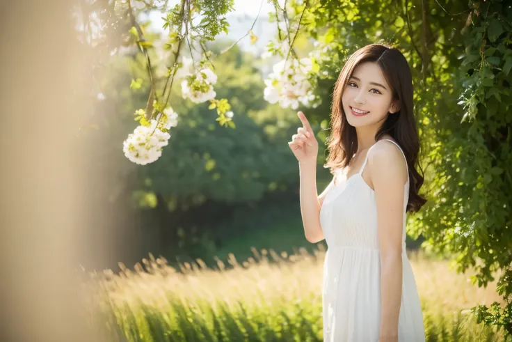 (highest quality, 8K, masterpiece: 1.3)), concentrated: 1.2, perfect body beauty: 1.8, ((best quality)), ((masterpiece)), (detailed), perfect face、smile with visible teeth、ID photo、white camisole dress、Upper body、white background、studio、small breasts、 whit...