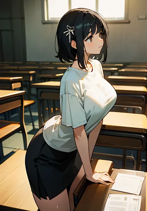 {best quality},lecture room、black hair short、woman、Large beautiful breasts、oversized t-shirt、skirt、sit in a chair 、Leaning your elbows on the desk、Pensive、looking away from the camera、Side view、cowboy shot