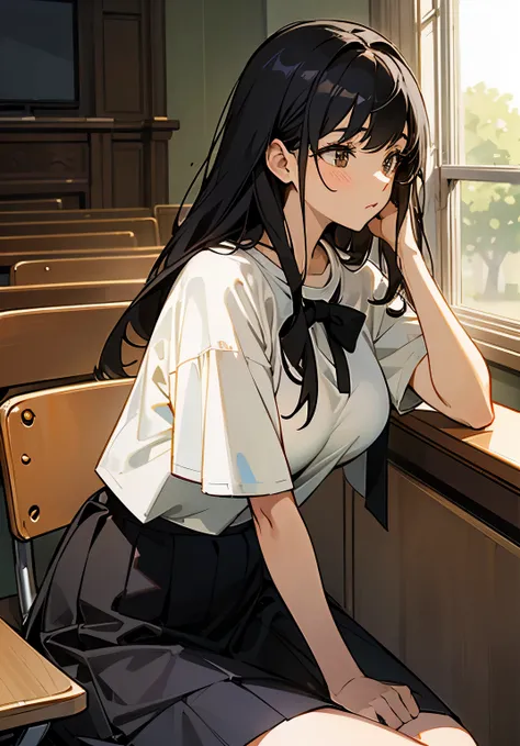 {best quality},lecture room、black hair short、woman、Large beautiful breasts、oversized t-shirt、skirt、sit in a chair 、Leaning your elbows on the desk、Pensive、looking away from the camera、Side view、cowboy shot