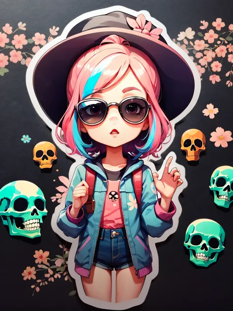 Momoko Sakura style、Skull Girl，Stylish sunglasses、Stylish hats、The background is a colorful graffiti wall，skull fashion、masterpiece、delicate details